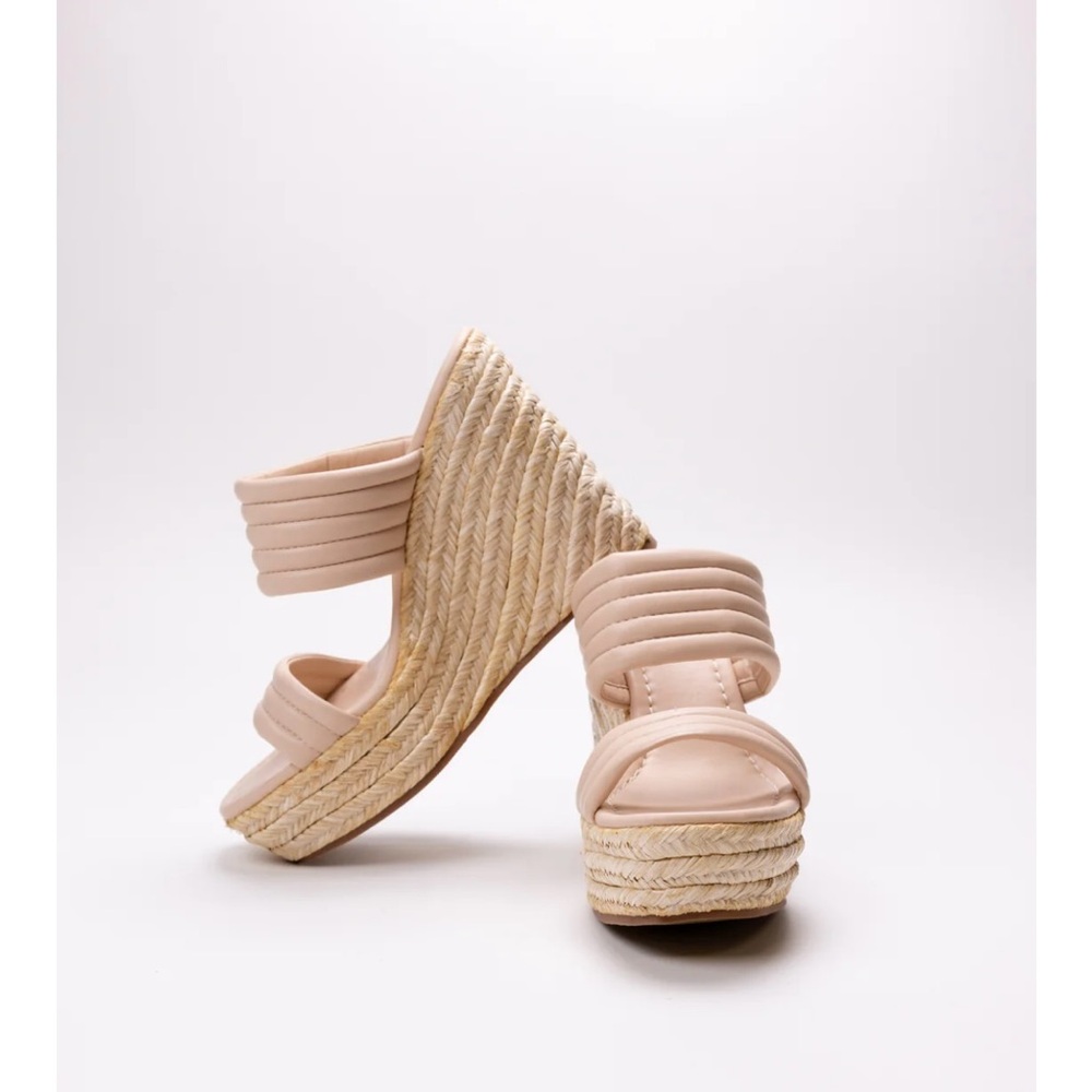 Shushop Nude Espadrille Open Toe Wedge with Braided Platform 10